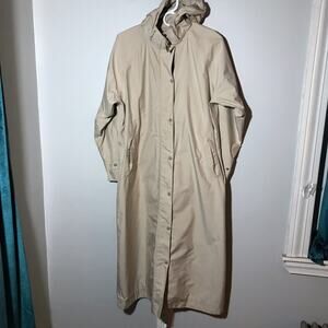LL Bean womens L petite long raincoat tan trench coat removable hood OCCG9